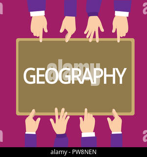 Handwriting text writing Geography. Concept meaning study of physical features of earth and its atmosphere nature. Stock Photo