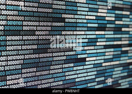 Big overload blockchain data. Blue binary data code background for internet and cyberspace security function. one and zero text on LED moniter screen. Stock Photo