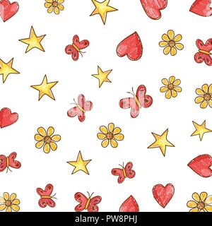 cute butterfly and stars with flowers pattern Stock Vector