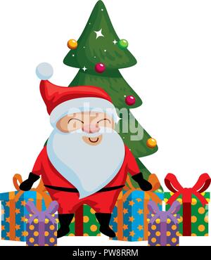 cute santa claus with tree and gifts