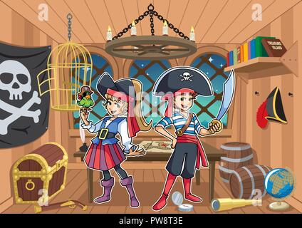 Pirate Kids in Cabin Stock Vector