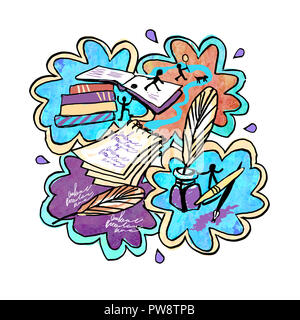 Collage in cartoon style on the theme of literature. Isolated composition on a white background. Illustration - sticker, print. Stock Photo