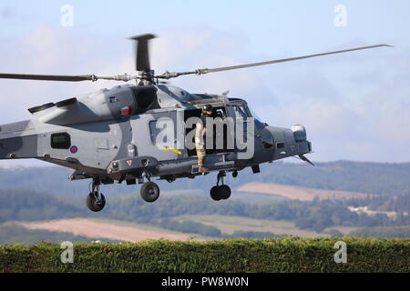 Prince Harry arrives by helicopter at Commando Training Centre Royal Marines, Lympstone  Featuring: Atmosphere Where: Devon, United Kingdom When: 13 Sep 2018 Credit: David Sims/WENN.com Stock Photo