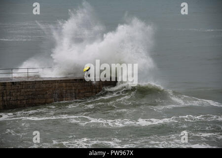 Porthleven harbourStorm Callum porthleven Cornwall still creating large waves 14-10-2018 Stock Photo