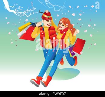 Happy lovers walking under the cherry blossom trees, carrying several shopping bags. Stock Vector