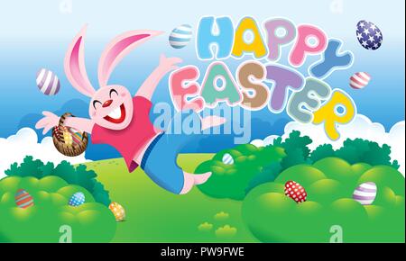 Easter day vector with a cute rabbit and Easter eggs. With spring scenery background. Stock Vector