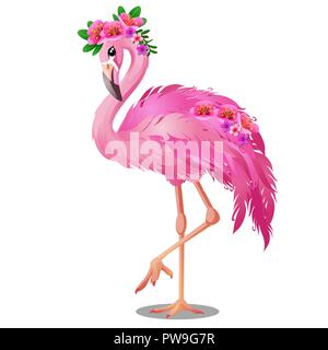 Beautiful bird pink flamingo with flowers isolated on white background. Vector cartoon close-up illustration. Stock Vector