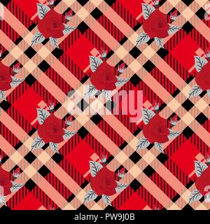 Floral seamless pattern with plaid background. Vector template. eps10 Stock Vector