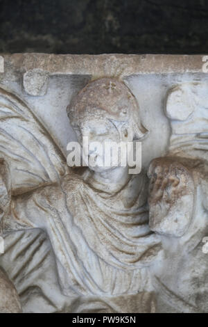 Italy. Pisa. Camposanto. Roman sarcophagus. Fragment. Scene of hunting. Soldier. Detail. Imperial era. Stock Photo