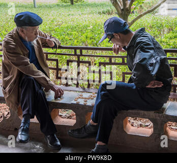 Two Chinese gentlemen playing a traditional game of Mahjong in a local Chinese park. Stock Photo