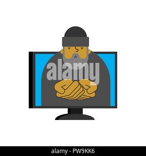 Computer help. Beggar Advises client. Online Homeless. Customer service support. Hotline operator advises client Stock Vector