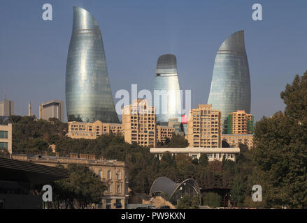 Azerbaijan; Baku, skyline, Flame Towers, Stock Photo