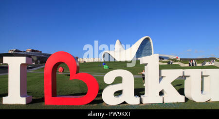 Azerbaijan; Baku, I love Baku sign, Heydar Aliyev Center, Stock Photo