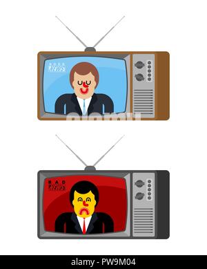 Bad and Good news old tv set. Angry broadcasting journalist.  Happy Man Anchorman in tv studio. Live broadcasting Stock Vector