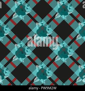 rose on Blue White Diamond Chessboard tartan plaid Background Vector Illustration eps10 Stock Vector