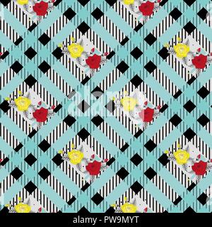beautiful red and tellow flowers pattern on black and blue tartan plaid background eps 10 Stock Vector