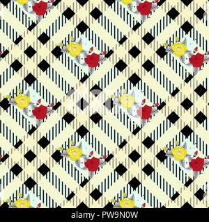 beautiful red and tellow flowers pattern on black and white plaid tartan background eps10 Stock Vector