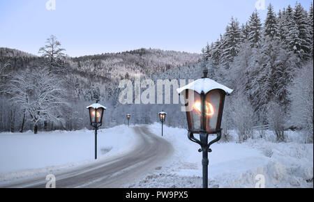 lantern north pole christmas road on snow Stock Photo