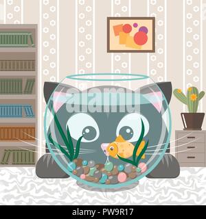 Black cat is looking at the fish in an aquarium Stock Vector