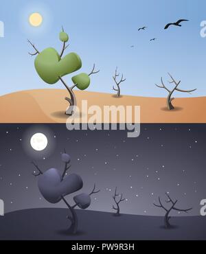 Set of day and night desert landscape. Game background Stock Vector