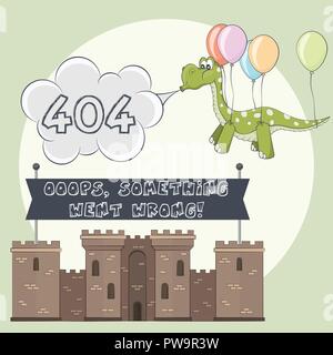 Error page 404 for web. Castle and dragon. Dinosaur flying with balloon. Stronghold with towers shows banner after failure attack of monster Stock Vector