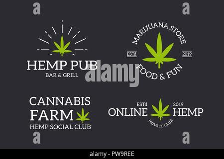 Set of retro vintage hemp logo or insignia, emblems, labels and badges and other branding objects. Vector line style Stock Vector