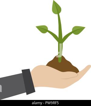Vector illustration of farmer or gardener hold a sprout in hand. Green plant growing out of a handful of ground concept presentations on white background. Stock Vector