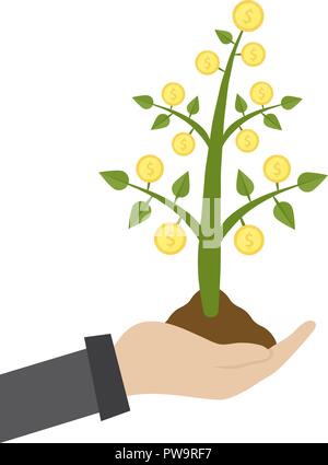 Vector illustration of businessman hold money tree in hand. Green plant with coins growing out of a handful of ground. Successful business concept presentations on white background. Stock Vector