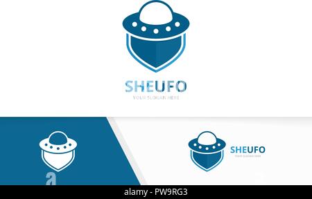 Vector UFO and shield logo combination. Spaceship and security symbol or icon. Unique alien and guard logotype design template. Stock Vector