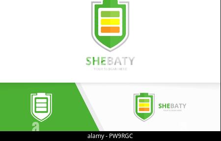 Vector battery and shield logo combination. Energy and security symbol or icon. Unique accumulator and guard logotype design template. Stock Vector