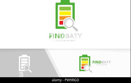 Vector battery and loupe logo combination. Energy and magnifying symbol or icon. Unique accumulator and search logotype design template. Stock Vector