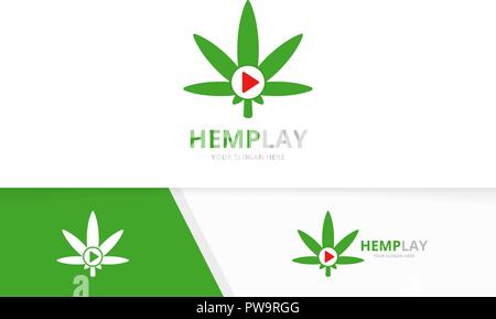 Vector marijuana leaf and play button logo combination. Hemp and record symbol or icon. Unique cannabis and connect logotype design template. Stock Vector