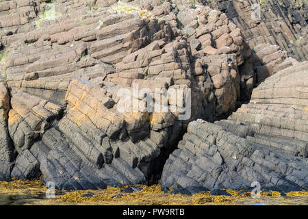 Close up of columnar basalt on the islands of Breiðafjörður fjord near Stykkishhólmur on the Snæfellsnes Peninsula, Iceland Stock Photo