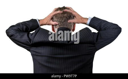 Rear view of senior caucasian man worried and afraid Stock Photo