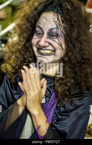 Miami Beach Florida,Flamingo Park,Arts in the Park,Shakespeare,Macbeth,actor,acting,role,play,theater,theatrical,makeup,drama,tragedy,witch,character, Stock Photo