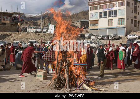 Monks burn an effigy at a Tara prayer festival, Leh, Ladakh, India Stock Photo