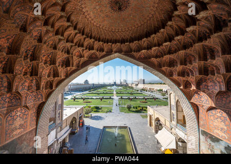 View from Qeysarieh Portal over Naqsh-e Jahan in isfahan, Iran - the world second biggest square and one of the UNESCO world heritage sites. Stock Photo