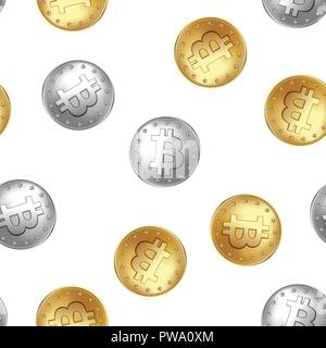 Bitcoin golden and silver coin seamless pattern. Stock Vector
