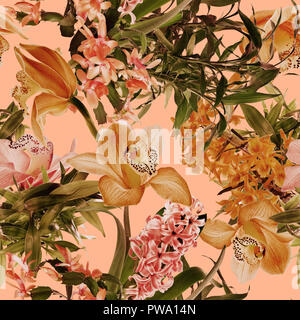 Tropical flower pattern on pink background Stock Photo