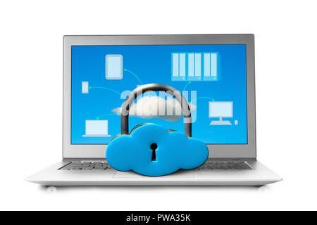 Cloud shape locker on laptop with devices drawing on screen in white background Stock Photo