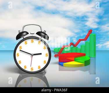 Alarm clock with money face and 3D chart on table Stock Photo