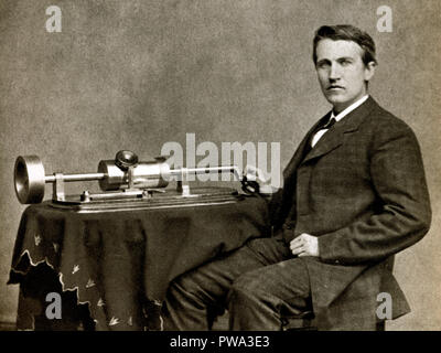 Thomas Edison, 1878 photograph of the American businessman and inventor with his new phonograph taken by Mathew Brady Stock Photo