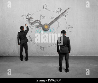 Businessman sketching PDCA cycle on concrete wall with clock hands Stock Photo
