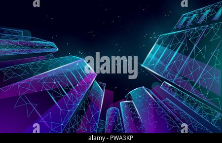 Polygonal low angle business modern glass buildings. Skyscrapers high rise reach sky city scenery. Finance banking futuristic office concept. Starry dark night sky from below vector illustration Stock Vector