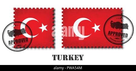 Turkey or turkish flag pattern postage stamp with grunge old scratch texture and affix a seal on isolated background . Black color country name with a Stock Vector