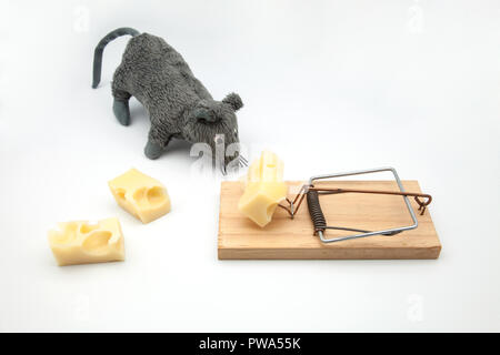 mouse of cloth and pitfall with cheese Stock Photo