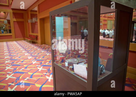 translators cubicle . interpreting - Microphone and switchboard in an simultaneous interpreter booth . Soft focus of wireless Conference microphones a Stock Photo