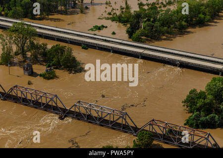 Flood waters threaten rail and vehicle bridges in the aftermath of Tropical Storm Florence September 25, 2018 in Conway, South Carolina. Stock Photo