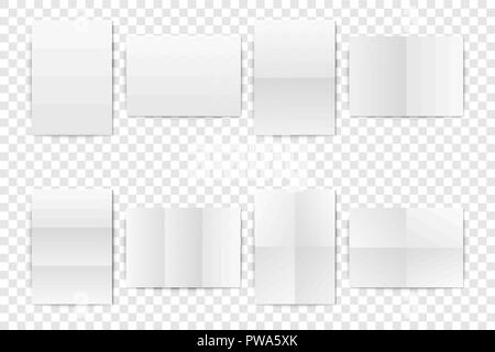 Vector Realistic White Blank Vertical A4 Folded Paper Sheet, Poster, Opened Booklet mock-up set closeup isolated. Design Template for Mockup of Empty Paper Cover or Flyer. Front or Top view Stock Vector