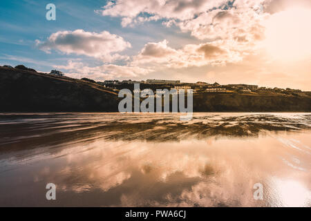 Mawgan Porth Beach, Newquay, Cornwall, England. September 2018. Early morning on Mawgan Porth beach after the sun had not long risen Stock Photo